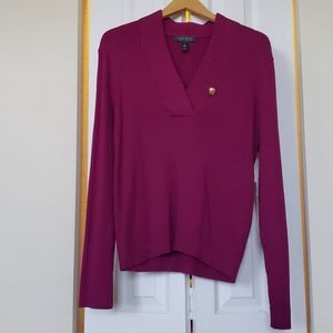 Lauren Ralph Lauren V Neck Sweater w/ Gold Button